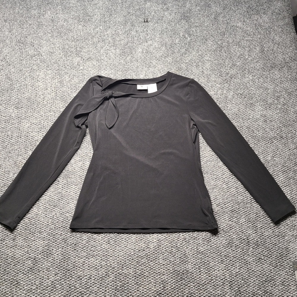 Worthington Stretch Black Long Sleeve Top Side Tie Neck Blouse Womens Small